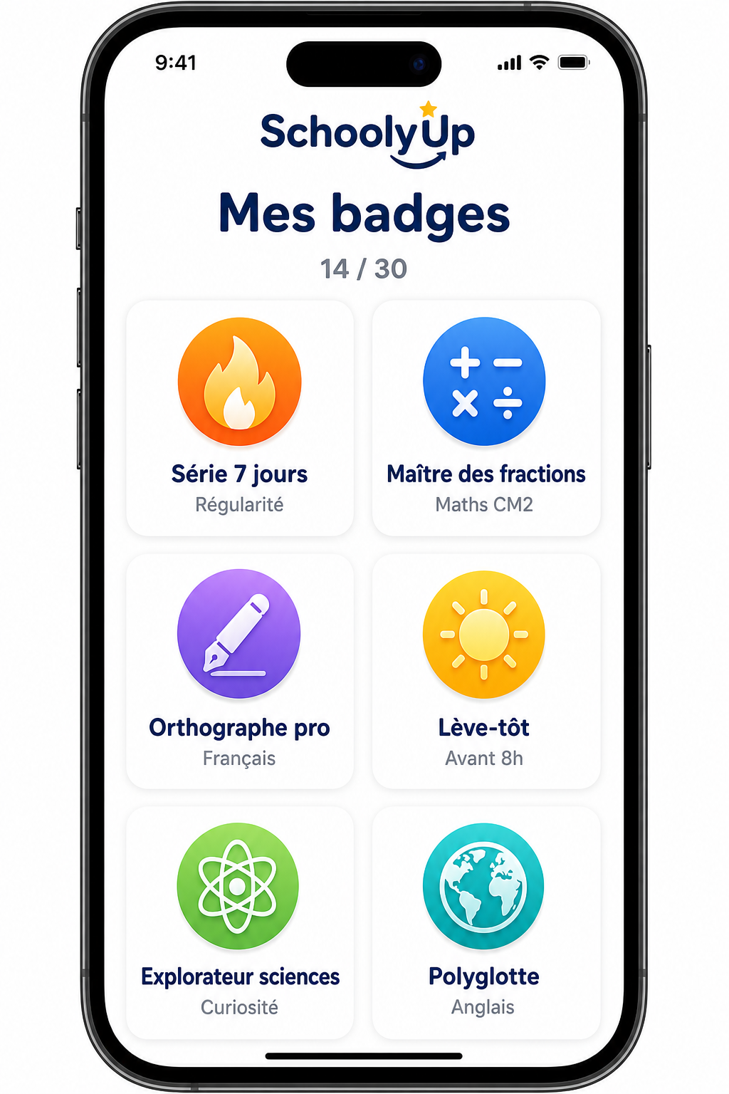 Galerie de badges SchoolyUp : streaks, maîtrise des fractions, orthographe