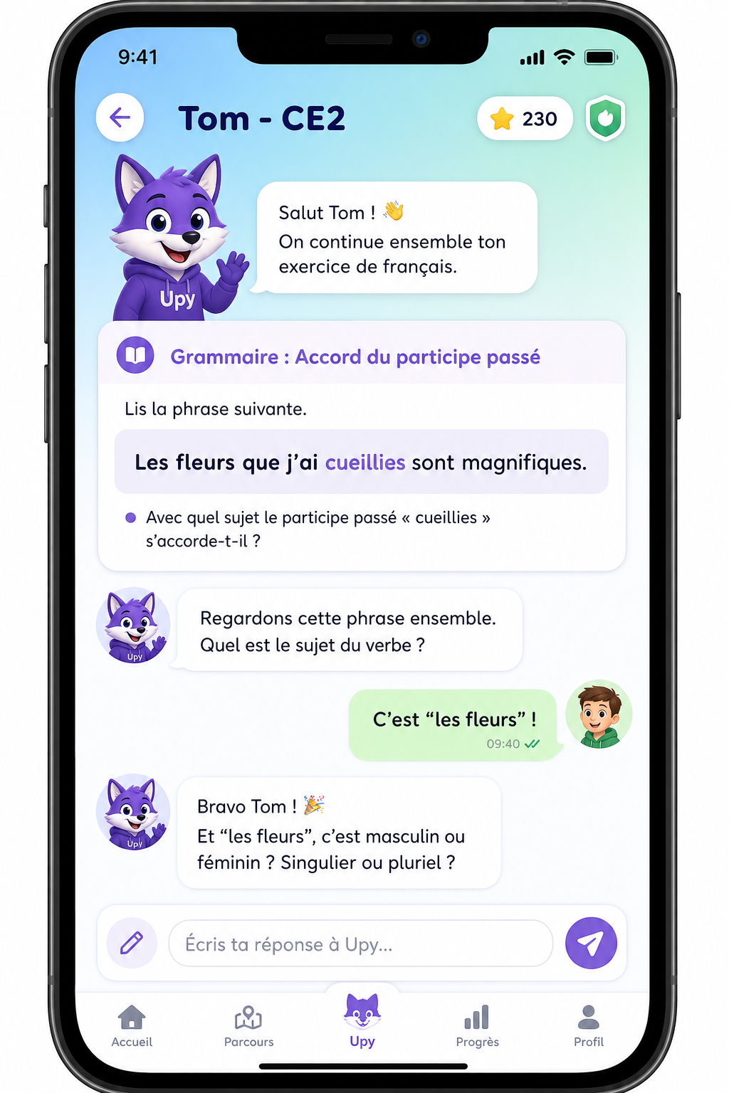 Exercice de grammaire française avec Upy
